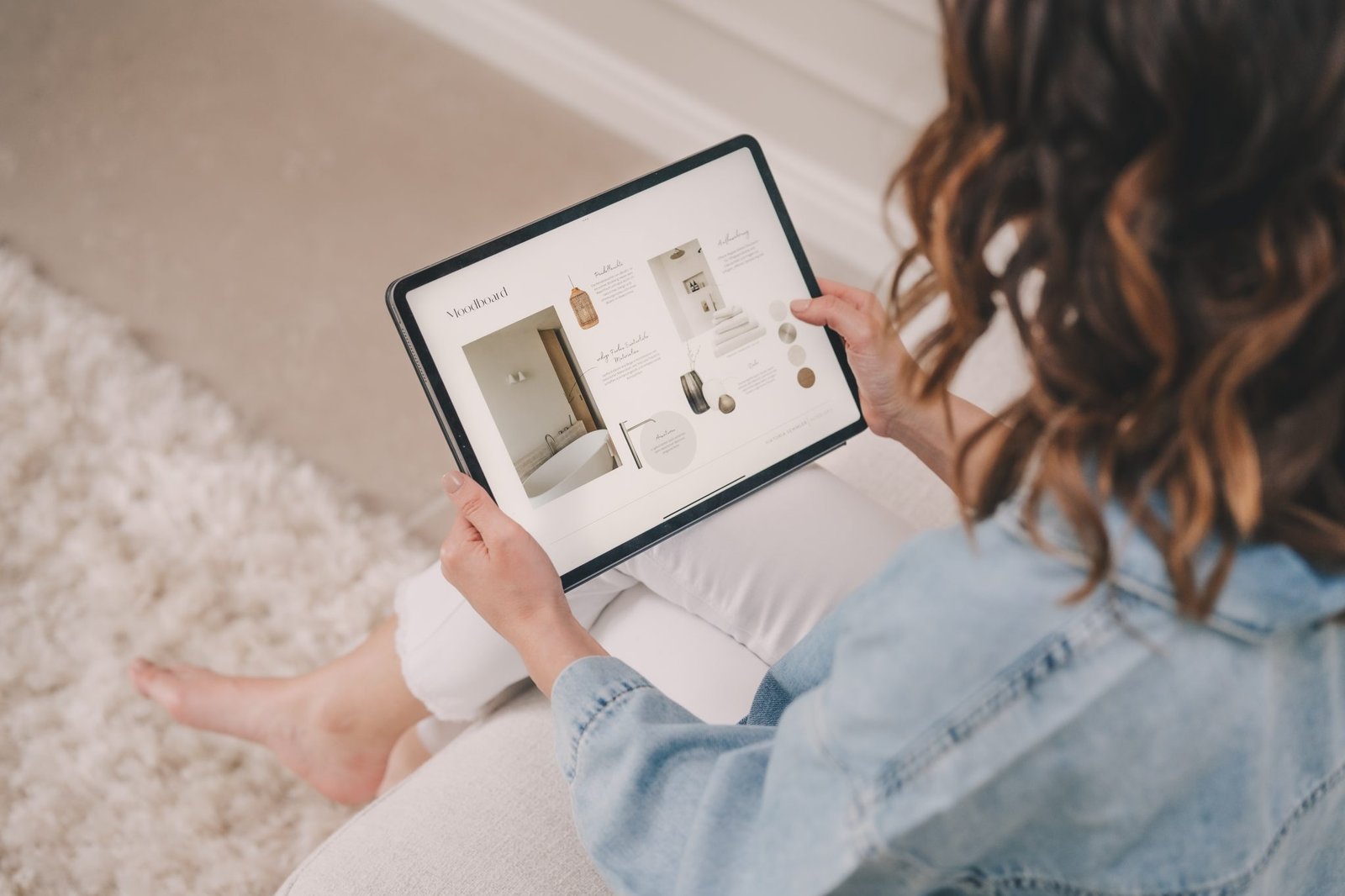 Moodboard-Ansicht eines Interior Design Konzepts für ein Badezimmer auf dem Tablet von Viktoria Semmler