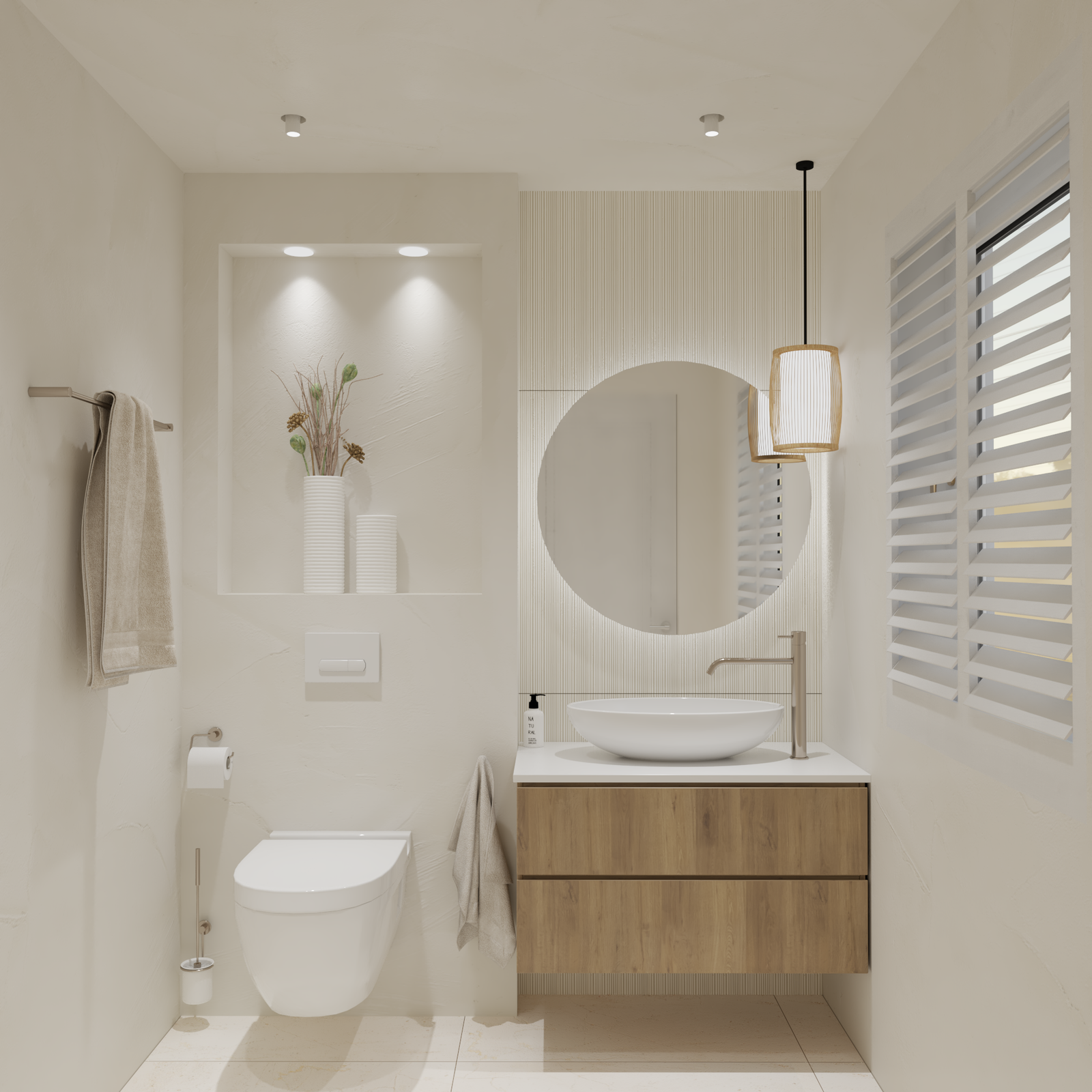 Stilvolles Baddesign mit bodengleicher Dusche, Holzwaschtisch und Spa-Flair auf kleinem Raum