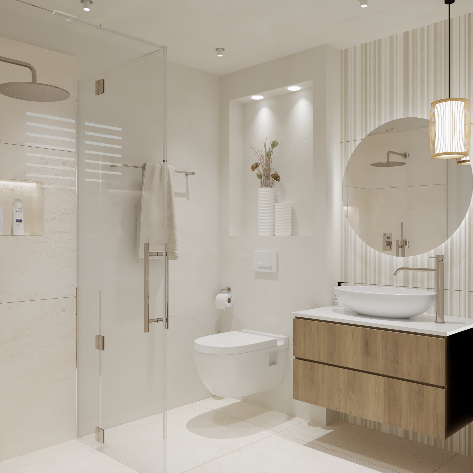 Stilvolles Baddesign mit bodengleicher Dusche, Holzwaschtisch und Spa-Flair auf kleinem Raum
