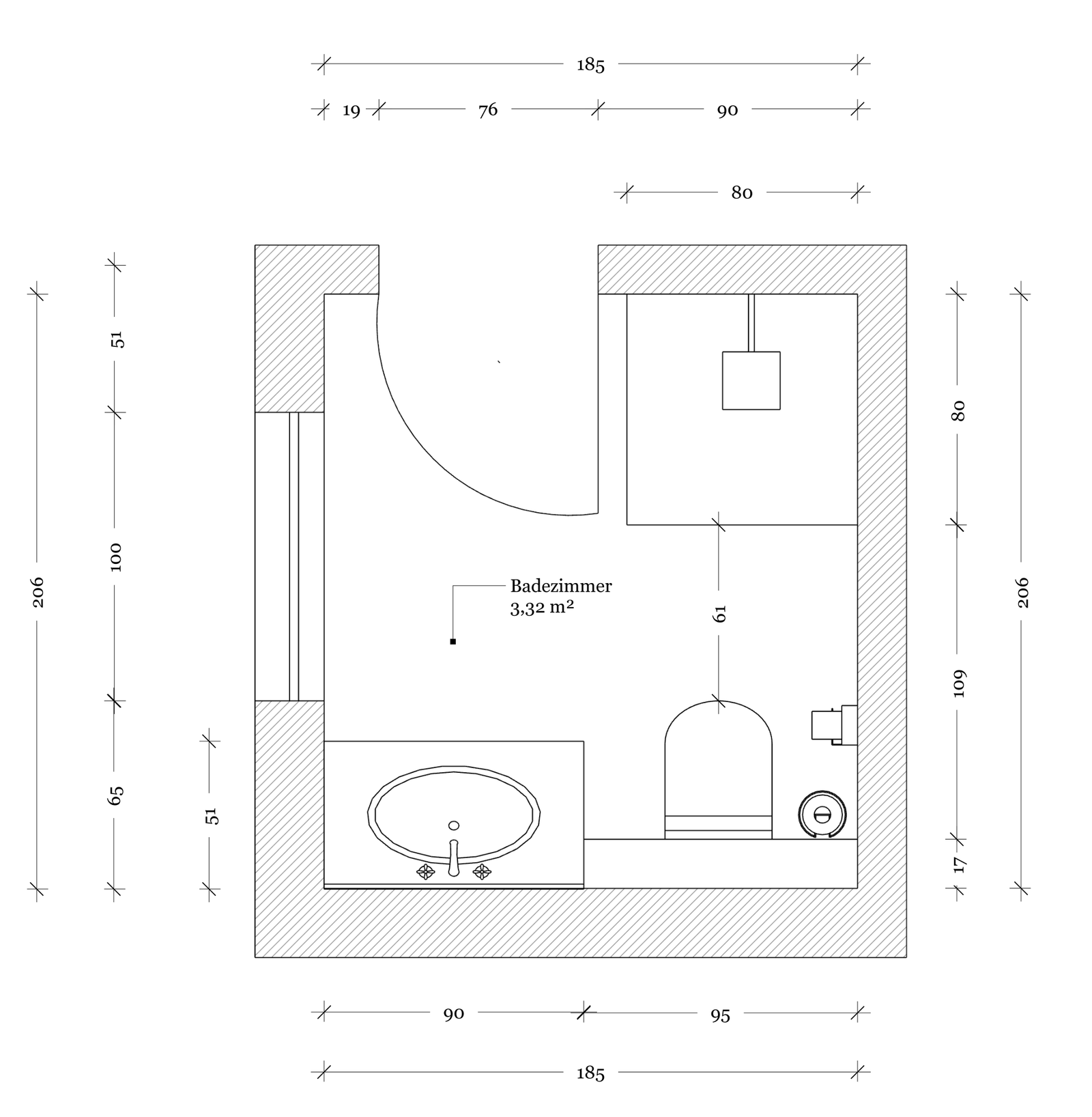 Maßstabgetreuer Grundriss eines kleinen Badezimmers mit 3,32 m² Fläche