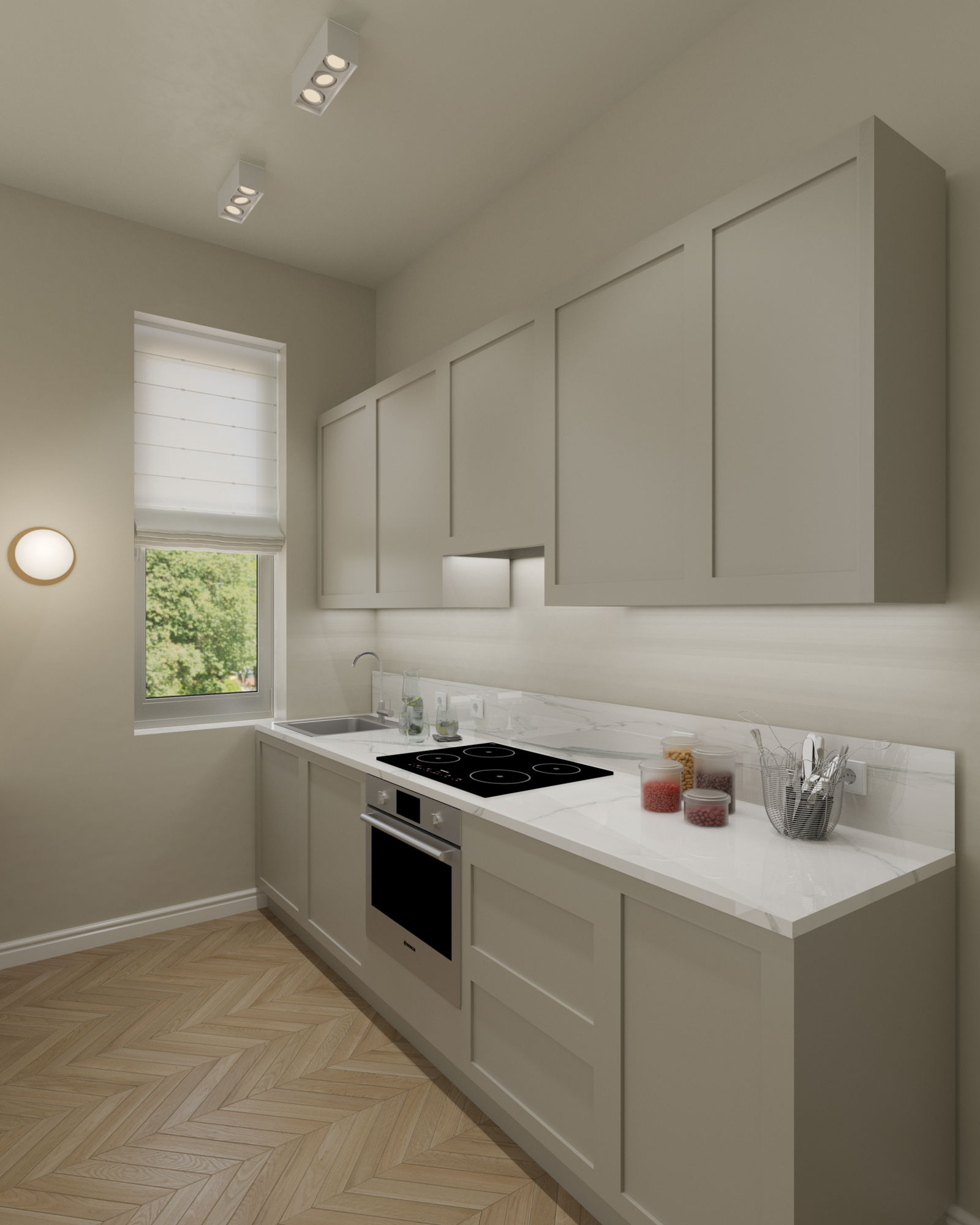 Moderne, helle Küchenzeile im Altbau, abgestimmt auf Wandfarbe mit Marmorarbeitsplatte und integrierter Beleuchtung