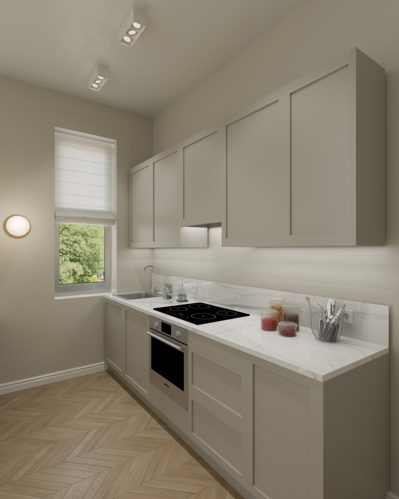 Moderne, helle Küchenzeile im Altbau, abgestimmt auf Wandfarbe mit Marmorarbeitsplatte und integrierter Beleuchtung