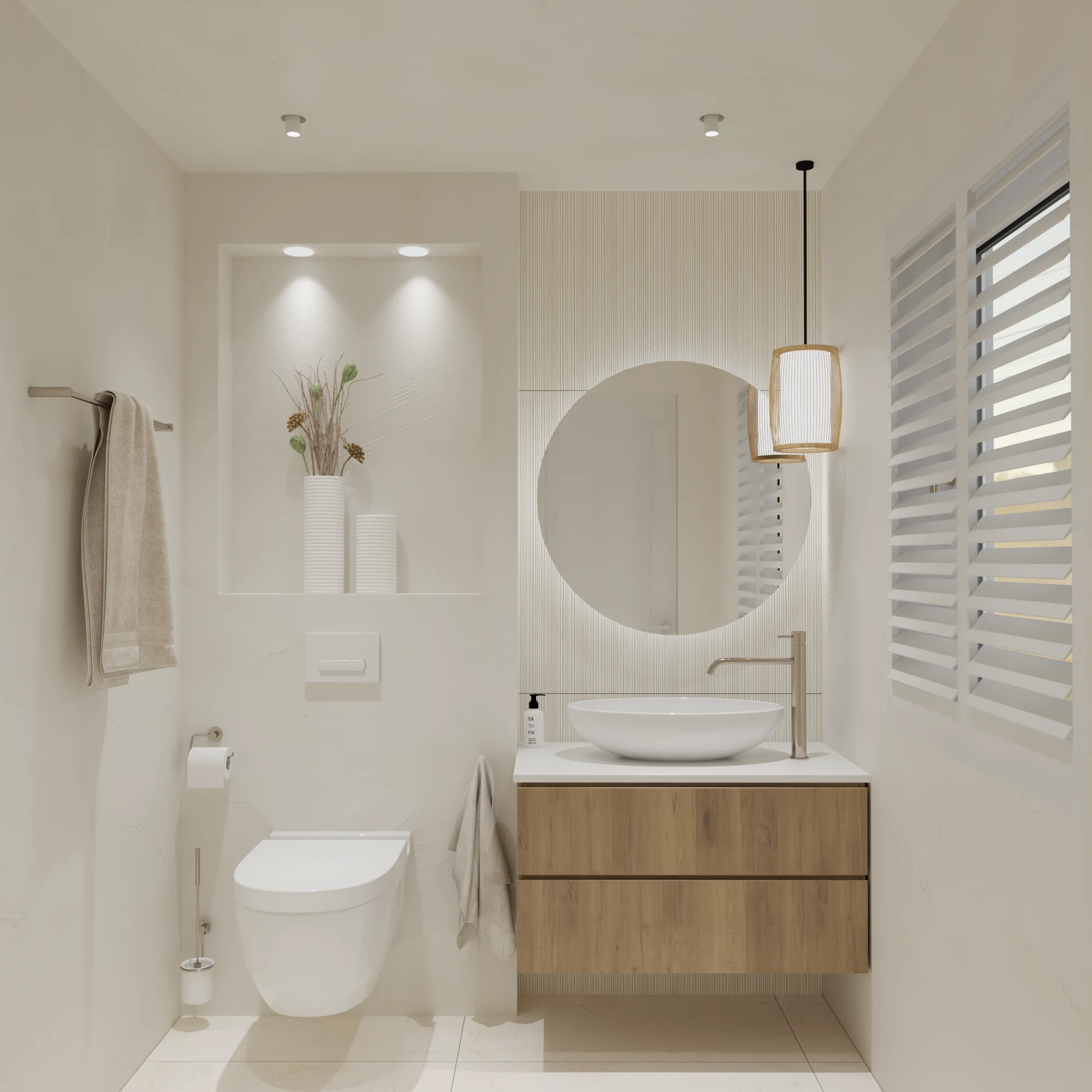 Stilvolles Baddesign mit bodengleicher Dusche, Holzwaschtisch und Spa-Flair auf kleinem Raum