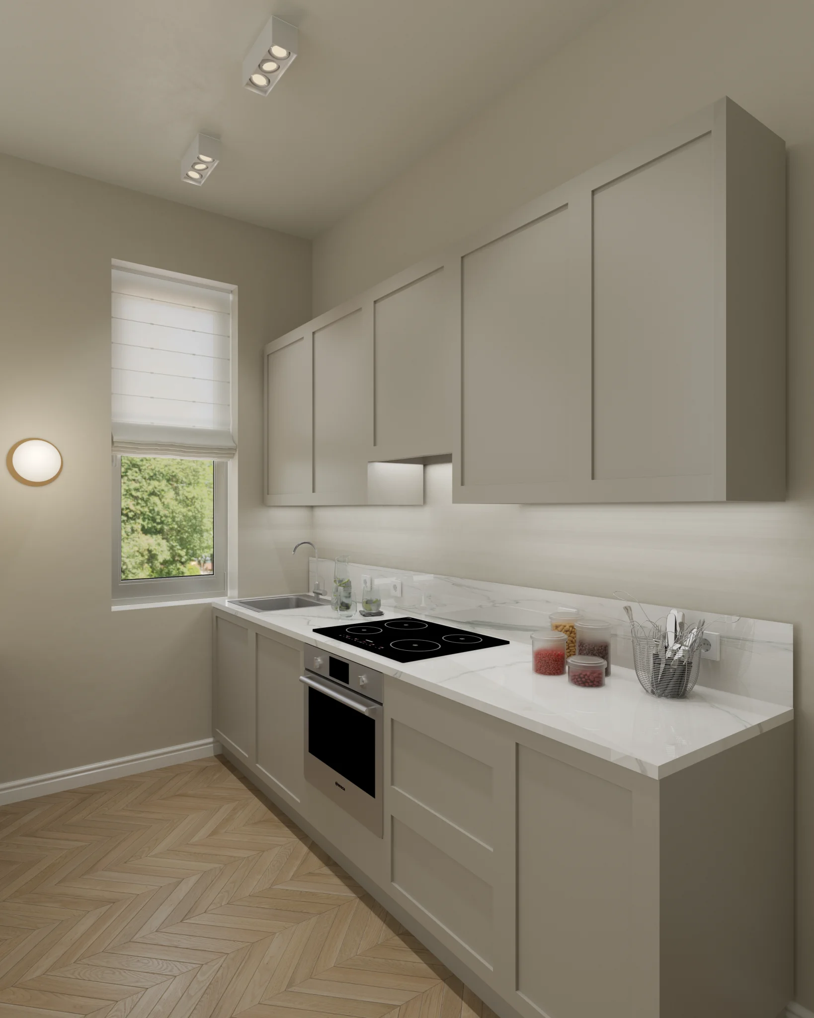 Moderne, helle Küchenzeile im Altbau, abgestimmt auf Wandfarbe mit Marmorarbeitsplatte und integrierter Beleuchtung